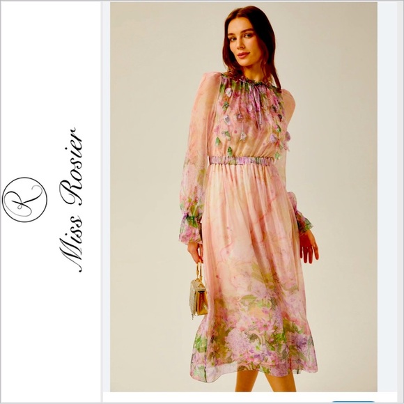 NWT Miss Rosier JUSTINE Dress floral print cinched midi size Small PINK cottage - Picture 1 of 16